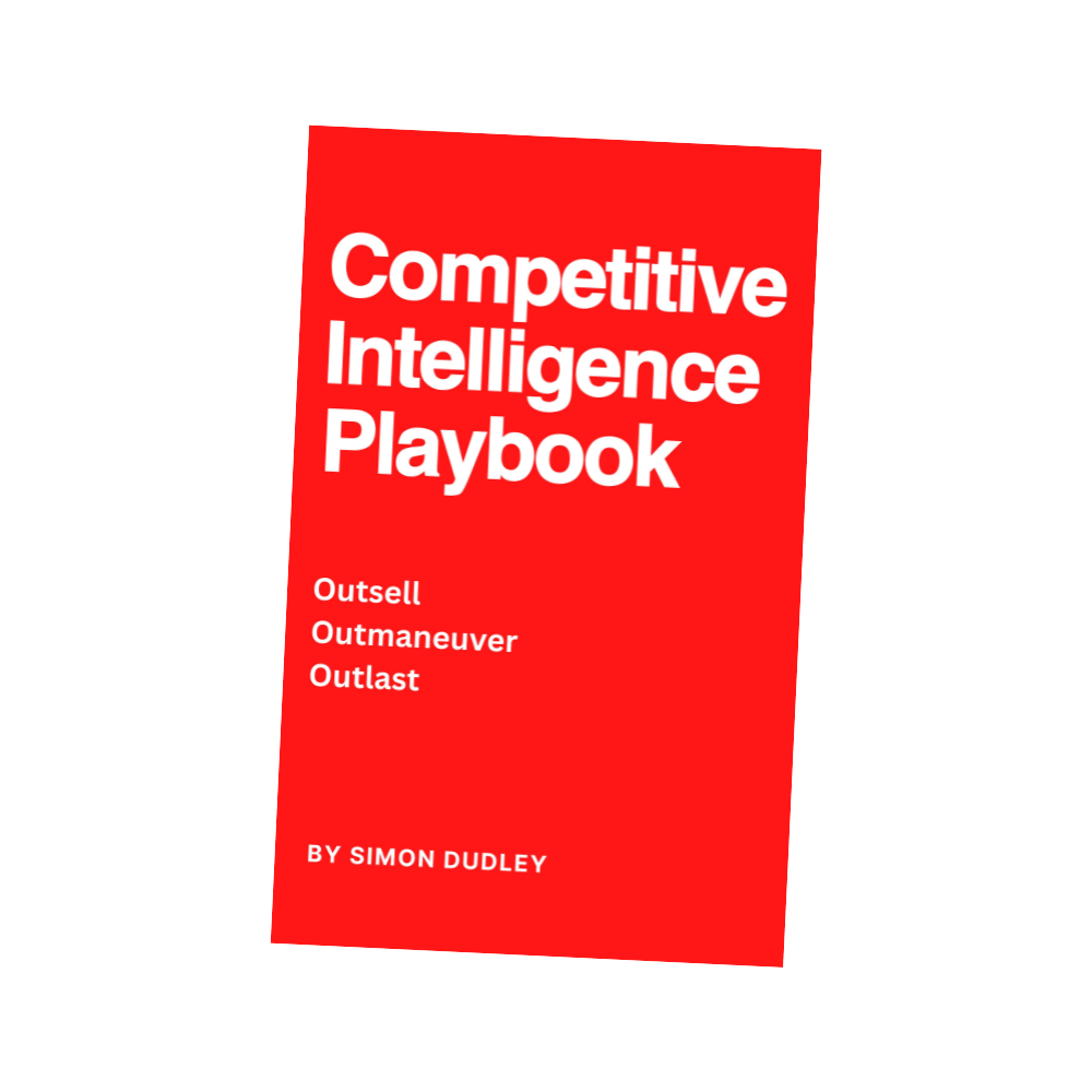 Red Competitive Intelligence Playbook cover: Outsell, Outmaneuver, Outlast, by Simon Dudley